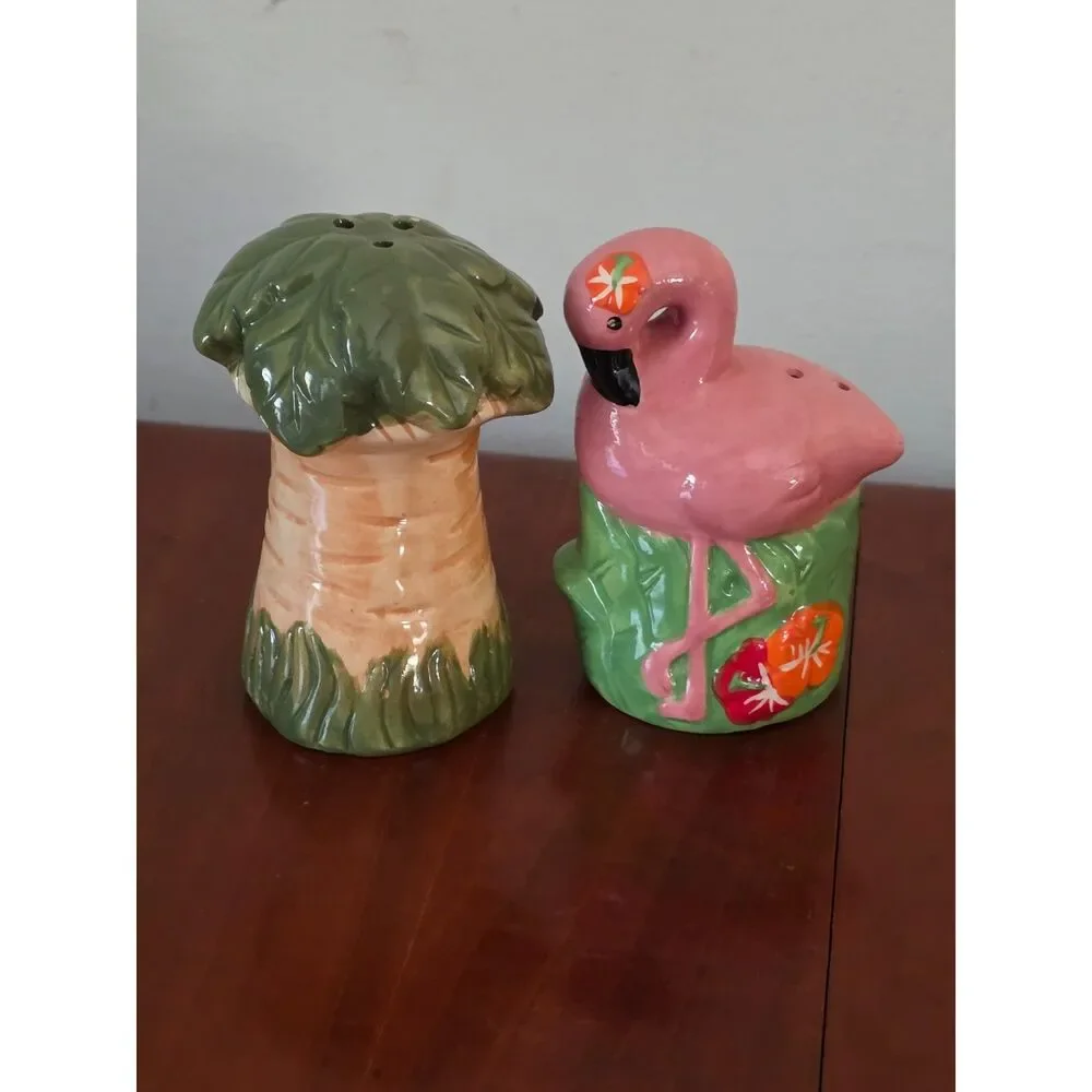 Vintage Tropical Pink Flamingo and Palm Tree Ceramic Salt and Pepper Shaker Set
